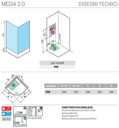 Novellini Media 2.0 R Idromassaggio 90x90 cm Cabina Doccia Multifunzione Simmetrica Tonda Apertura 2 Ante Scorrevoli 2 Fisse Installazione Angolo Destro Sinistro Miscelatore Termostatico Vetro Trasparente Profilo Bianco Piatto Ripiani Idro Altezza 210 cm