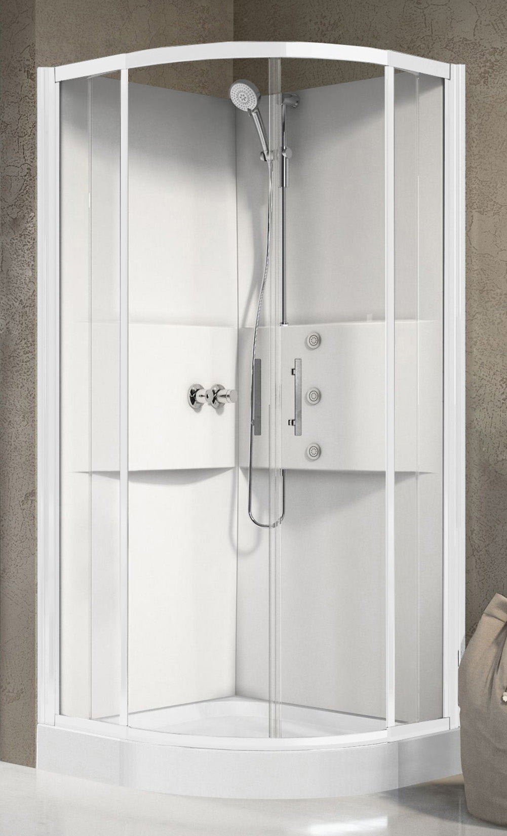 Novellini Media 2.0 R Idromassaggio 90x90 cm Cabina Doccia Multifunzione Simmetrica Tonda Apertura 2 Ante Scorrevoli 2 Fisse Installazione Angolo Destro Sinistro Miscelatore Meccanico Vetro Trasparente Profilo Bianco Piatto Ripiani Idro Altezza 210 cm