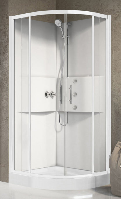Novellini Media 2.0 R Idromassaggio 90x90 cm Cabina Doccia Multifunzione Simmetrica Tonda Apertura 2 Ante Scorrevoli 2 Fisse Installazione Angolo Destro Sinistro Miscelatore Termostatico Vetro Trasparente Profilo Bianco Piatto Ripiani Idro Altezza 210 cm
