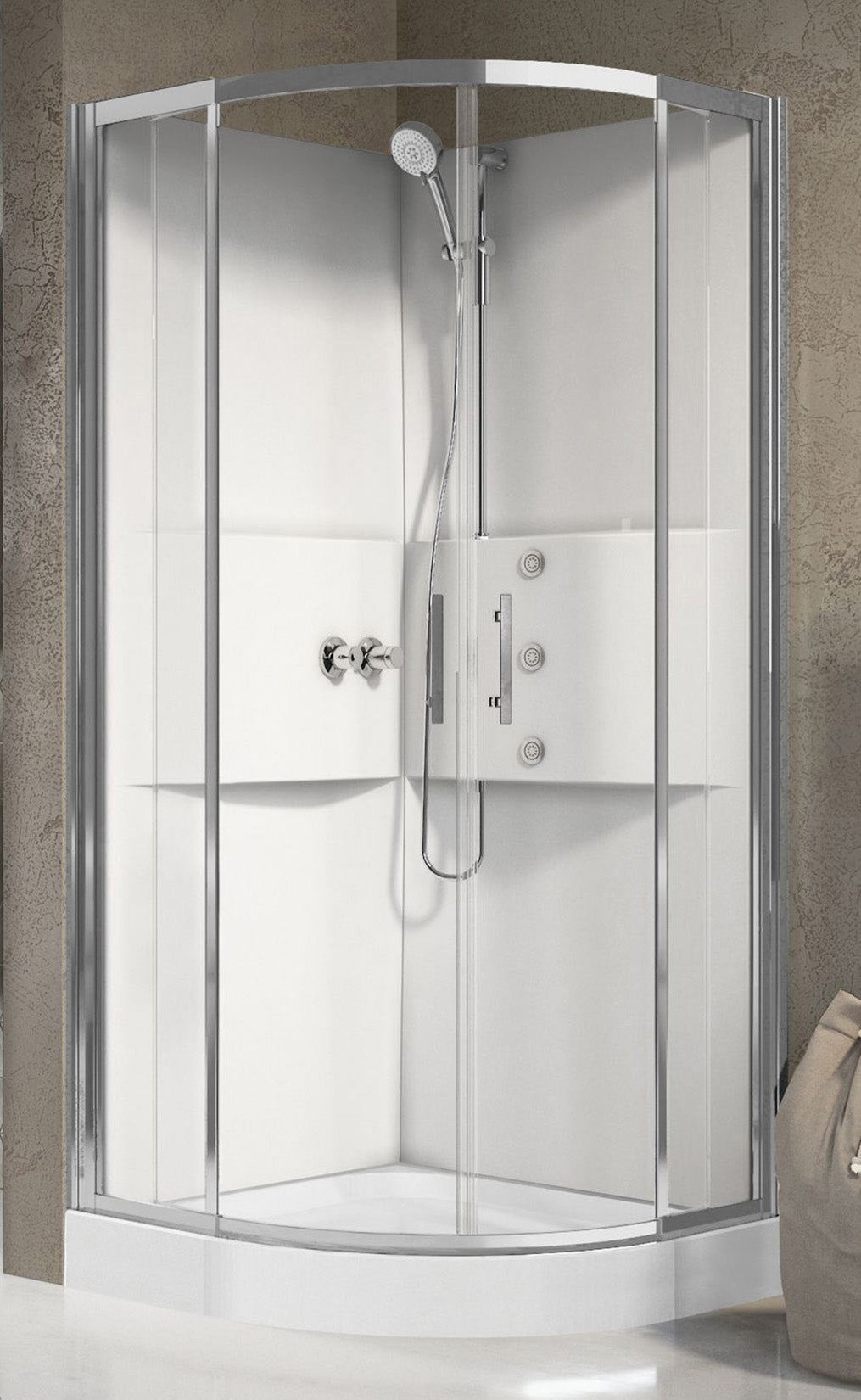 Novellini Media 2.0 R Idromassaggio 90x90 cm Cabina Doccia Multifunzione Simmetrica Tonda Apertura 2 Ante Scorrevoli 2 Fisse Installazione Angolo Destro Sinistro Miscelatore Meccanico Vetro Trasparente Profilo Silver Piatto Ripiani Idro Altezza 210 cm