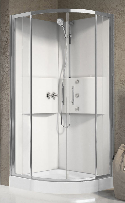 Novellini Media 2.0 R Idromassaggio 90x90 cm Cabina Doccia Multifunzione Simmetrica Tonda Apertura 2 Ante Scorrevoli 2 Fisse Installazione Angolo Destro Sinistro Miscelatore Meccanico Vetro Trasparente Profilo Silver Piatto Ripiani Idro Altezza 210 cm