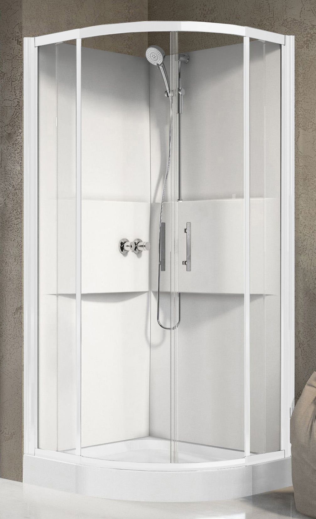 Novellini Media 2.0 R Standard 90x90 cm Cabina Doccia Multifunzione Simmetrica Tonda Apertura 2 Ante Scorrevoli e 2 Fisse Installazione Angolo Destro Sinistro Miscelatore Termostatico Vetro Trasparente Profilo Bianco Piatto Ripiani Doccetta Altezza 210 cm