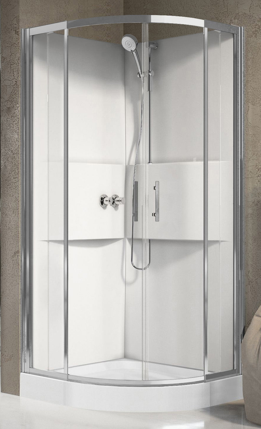 Novellini Media 2.0 R Standard 90x90 cm Cabina Doccia Multifunzione Simmetrica Tonda Apertura 2 Ante Scorrevoli e 2 Fisse Installazione Angolo Destro Sinistro Miscelatore Termostatico Vetro Trasparente Profilo Silver Piatto Ripiani Doccetta Altezza 210 cm