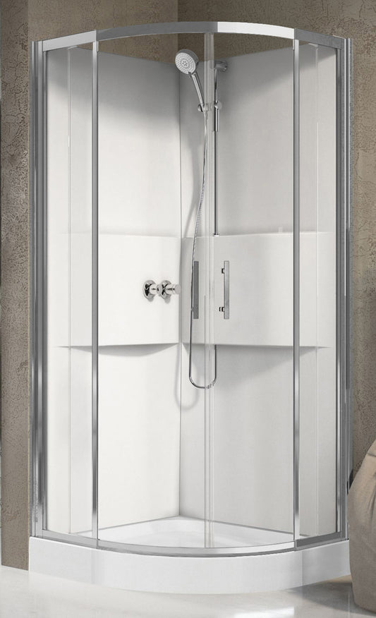Novellini Media 2.0 R Standard 90x90 cm Cabina Doccia Multifunzione Simmetrica Tonda Apertura 2 Ante Scorrevoli e 2 Fisse Installazione Angolo Destro Sinistro Miscelatore Termostatico Vetro Trasparente Profilo Silver Piatto Ripiani Doccetta Altezza 210 cm