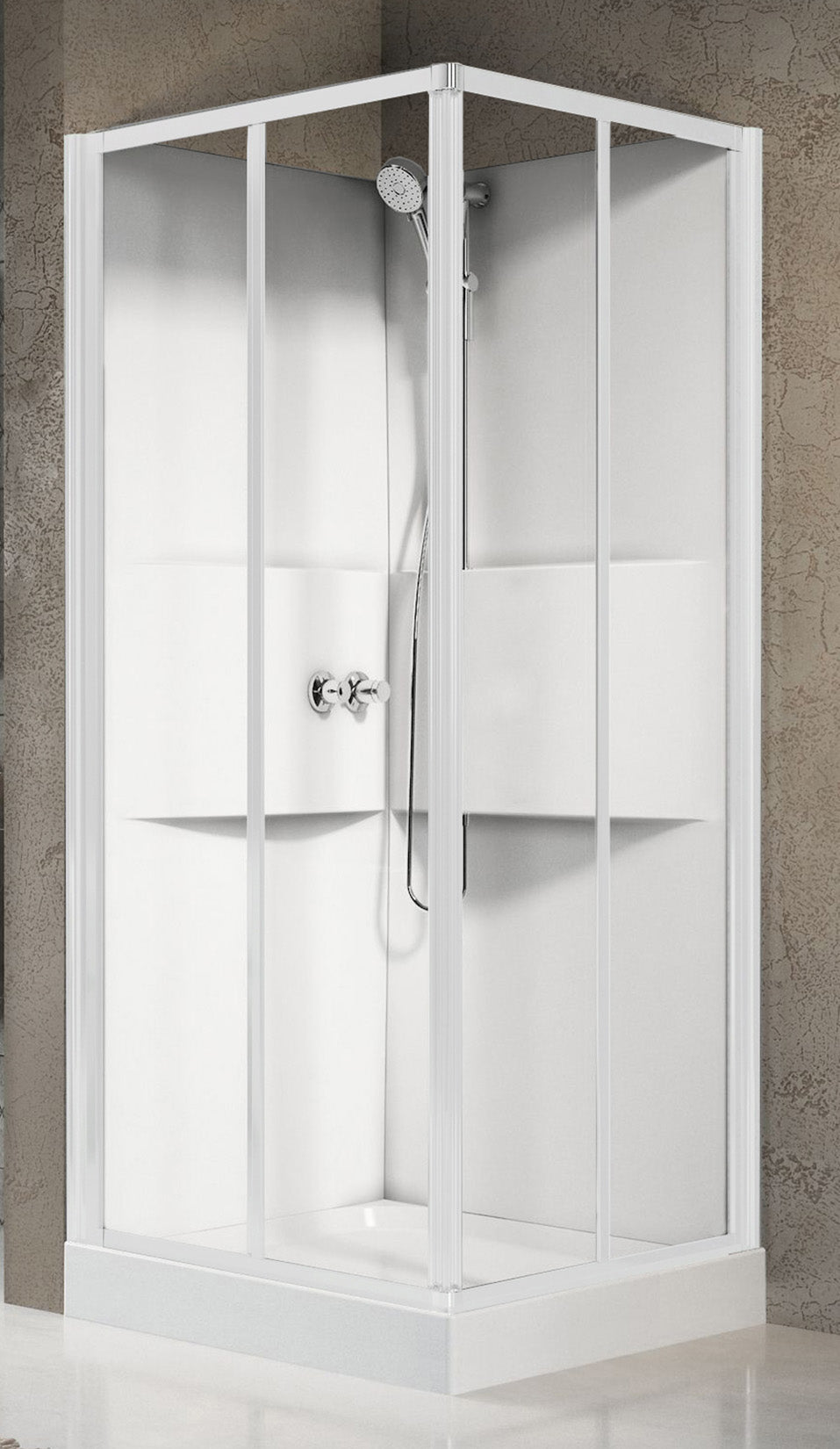 Novellini Media 2.0 A Standard 80x80 cm Cabina Doccia Multifunzione Simmetrica Quadrata Apertura 2 Ante Scorrevoli e 2 Fisse Installazione Angolo Destro Sinistro Miscelatore Termostatico Vetro Trasparente Profilo Bianco Piatto Ripiani Doccetta Alto 210 cm