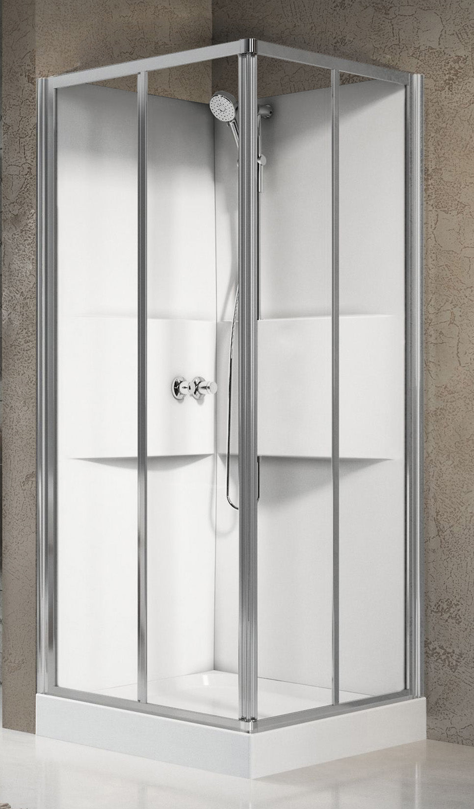 Novellini Media 2.0 A Standard 80x80 cm Cabina Doccia Multifunzione Simmetrica Quadrata Apertura 2 Ante Scorrevoli e 2 Fisse Installazione Angolo Destro Sinistro Miscelatore Termostatico Vetro Trasparente Profilo Silver Piatto Ripiani Doccetta Alto 210 cm