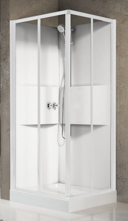 Novellini Media 2.0 A Standard 90x90 cm Cabina Doccia Multifunzione Simmetrica Quadrata Apertura 2 Ante Scorrevoli e 2 Fisse Installazione Angolo Destro Sinistro Miscelatore Termostatico Vetro Trasparente Profilo Bianco Piatto Ripiani Doccetta Alto 210 cm