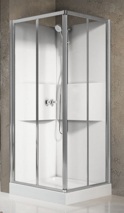 Novellini Media 2.0 A Standard 90x90 cm Cabina Doccia Multifunzione Simmetrica Quadrata Apertura 2 Ante Scorrevoli e 2 Fisse Installazione Angolo Destro Sinistro Miscelatore Termostatico Vetro Trasparente Profilo Silver Piatto Ripiani Doccetta Alto 210 cm