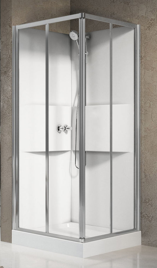 Novellini Media 2.0 A Standard 90x90 cm Cabina Doccia Multifunzione Simmetrica Quadrata Apertura 2 Ante Scorrevoli e 2 Fisse Installazione Angolo Destro Sinistro Miscelatore Meccanico Vetro Trasparente Profilo Silver Piatto Ripiani Doccetta Altezza 210 cm