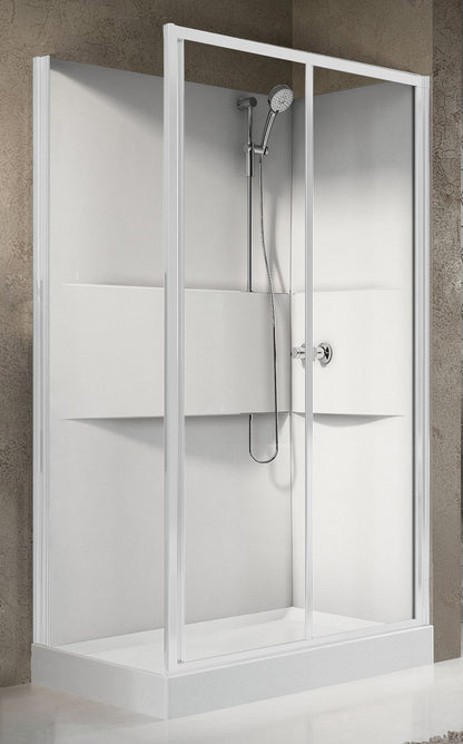 Novellini Media 2.0 2P Standard 120x80 cm Cabina Doccia Multifunzione Asimmetrica Apertura 1 Anta Scorrevole 1 Fissa Linea 1 Laterale Installazione Reversibile Miscelatore Meccanico Vetro Trasparente Profilo Bianco Piatto Ripiani Doccetta Altezza 210 cm
