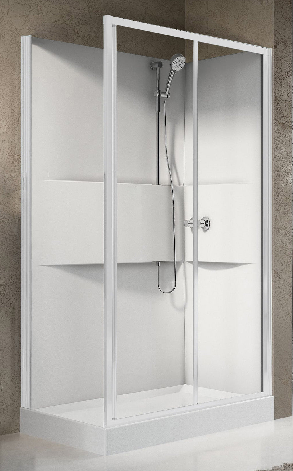 Novellini Media 2.0 2P Standard 120x80 cm Cabina Doccia Multifunzione Asimmetrica Apertura 1 Anta Scorrevole 1 Fissa Linea 1 Laterale Installazione Reversibile Miscelatore Termostatico Vetro Trasparente Profilo Bianco Piatto Ripiani Doccetta Altezza 210cm