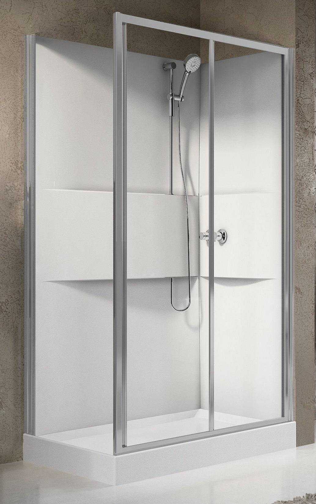 Novellini Media 2.0 2P Standard 120x80 cm Cabina Doccia Multifunzione Asimmetrica Apertura 1 Anta Scorrevole 1 Fissa Linea 1 Laterale Installazione Reversibile Miscelatore Termostatico Vetro Trasparente Profilo Silver Piatto Ripiani Doccetta Altezza 210cm