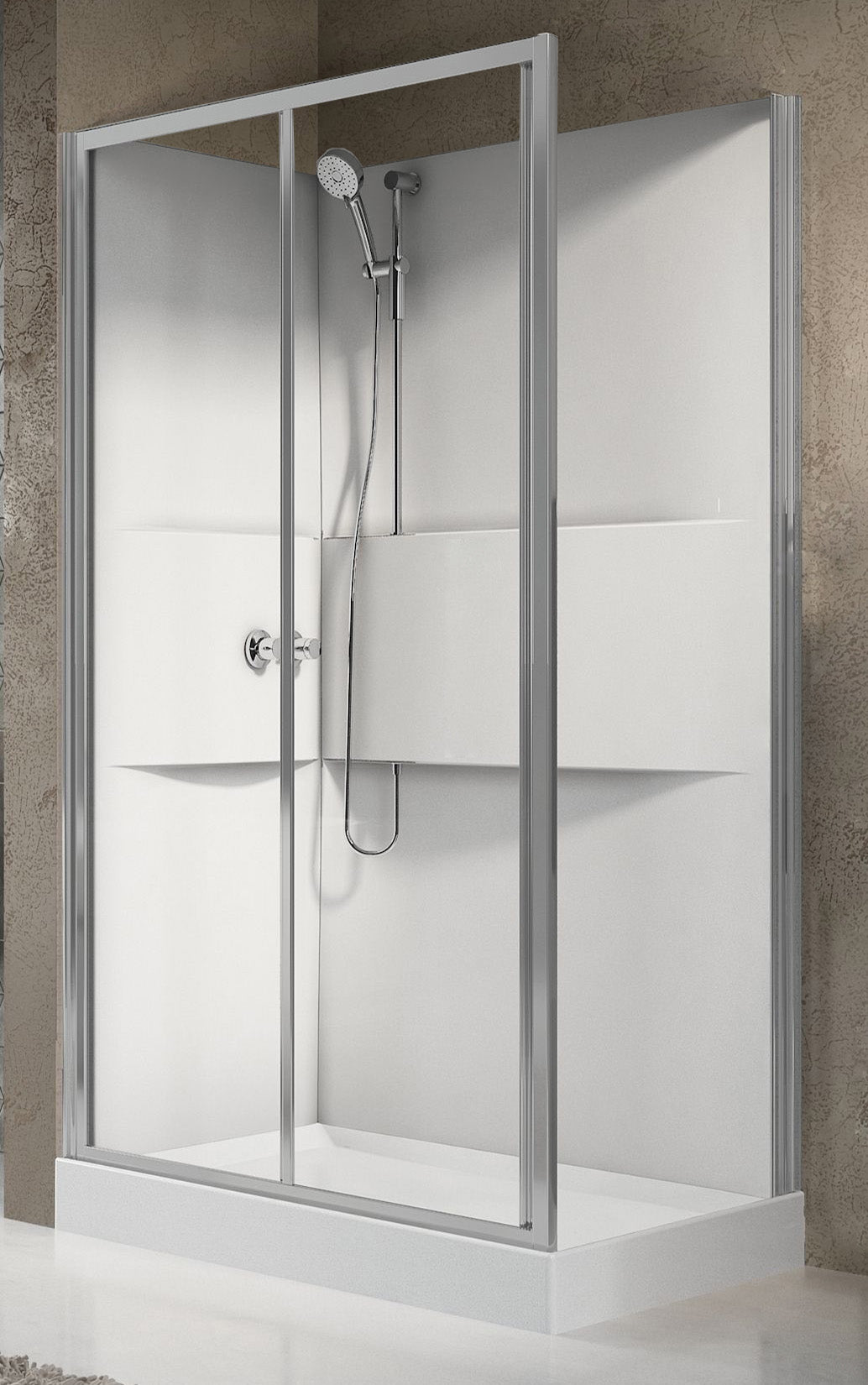 Novellini Media 2.0 2P Standard 120x80 cm Cabina Doccia Multifunzione Asimmetrica Apertura 1 Anta Scorrevole 1 Fissa Linea 1 Laterale Installazione Reversibile Miscelatore Termostatico Vetro Trasparente Profilo Silver Piatto Ripiani Doccetta Altezza 210cm