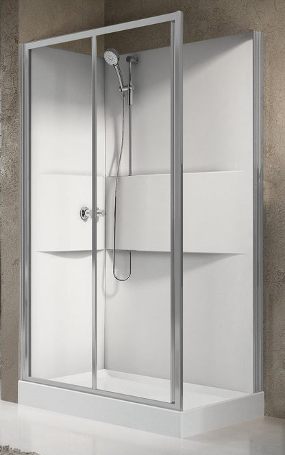 Novellini Media 2.0 2P Standard 120x80 cm Cabina Doccia Multifunzione Asimmetrica Apertura 1 Anta Scorrevole 1 Fissa Linea 1 Laterale Installazione Reversibile Miscelatore Termostatico Vetro Trasparente Profilo Silver Piatto Ripiani Doccetta Altezza 210cm