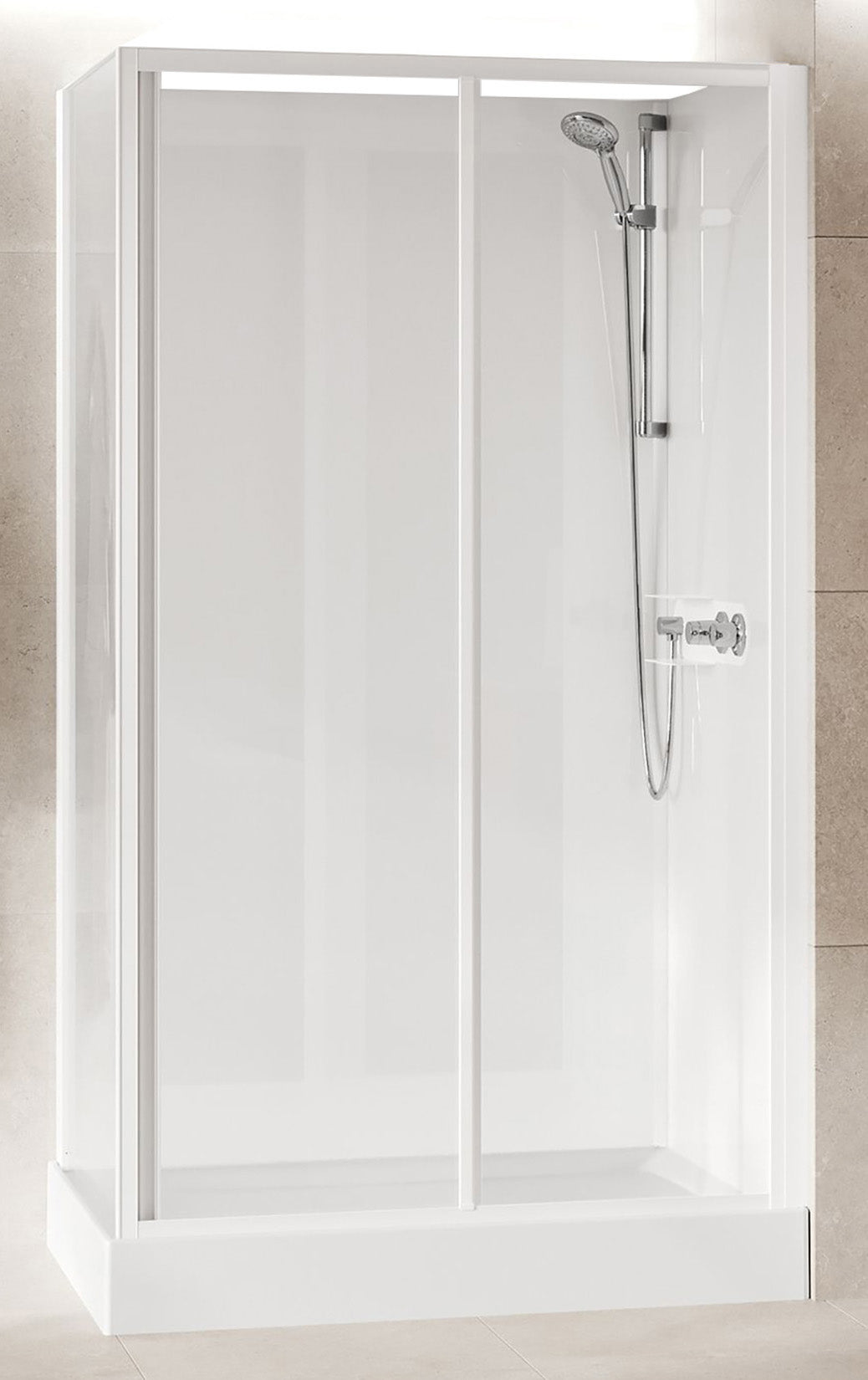 Novellini Media Glass 2P Standard 120x80 cm Cabina Doccia Multifunzione Asimmetrica Apertura 1 Anta Scorrevole 1 Fissa Linea 1 Laterale Installazione Reversibile Miscelatore Meccanico Vetro Trasparente Profilo Bianco Piatto Ripiani Doccetta Altezza 210 cm