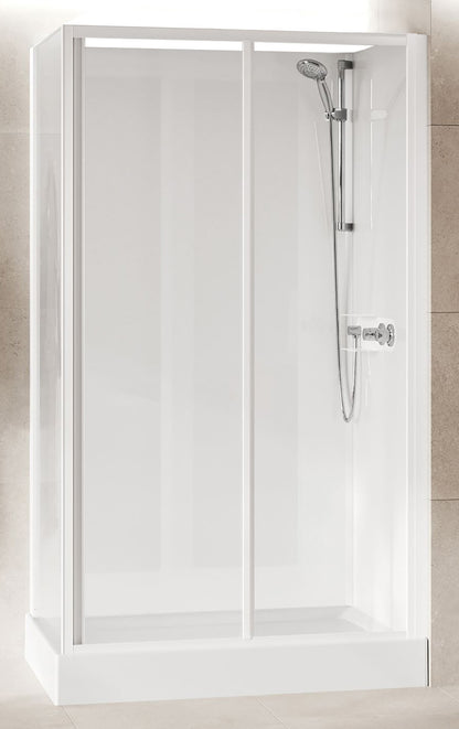 Novellini Media Glass 2P Standard 120x80 cm Cabina Doccia Multifunzione Asimmetrica Apertura 1 Anta Scorrevole 1 Fissa Linea 1 Laterale Installazione Reversibile Miscelatore Meccanico Vetro Trasparente Profilo Bianco Piatto Ripiani Doccetta Altezza 210 cm