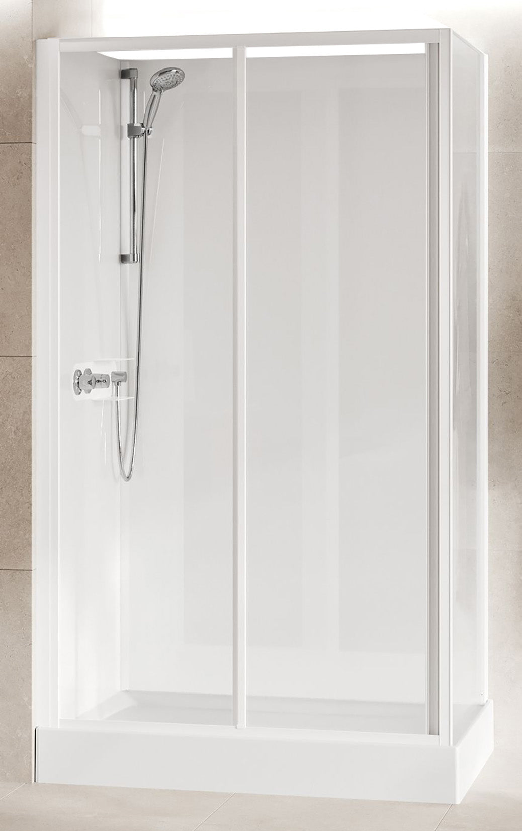 Novellini Media Glass 2P Standard 120x80 cm Cabina Doccia Multifunzione Asimmetrica Apertura 1 Anta Scorrevole 1 Fissa Linea 1 Laterale Installazione Reversibile Miscelatore Termostatico Vetro Trasparente Profilo Bianco Piatto Ripiani Doccetta Alto 210 cm