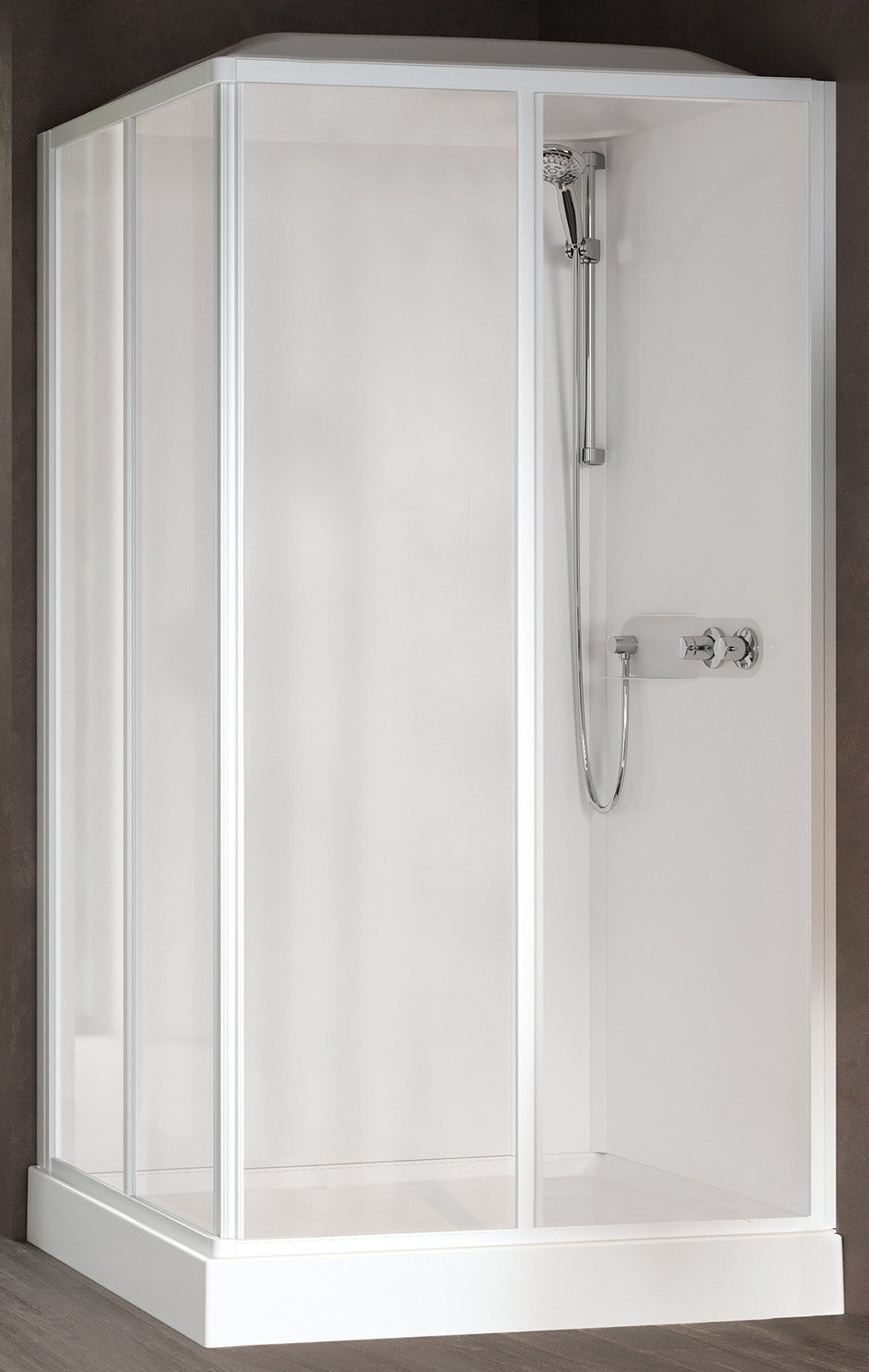 Novellini Media Glass A Standard Con Tettuccio e Soffione 100x80cm Cabina Doccia Multifunzione Asimmetrica Apertura 2 Ante Scorrevoli 2 Fisse Installazione Angolo Sinistra Destra Miscelatore Meccanico Vetro Trasparente Profilo Bianco Ripiani Altezza 226cm