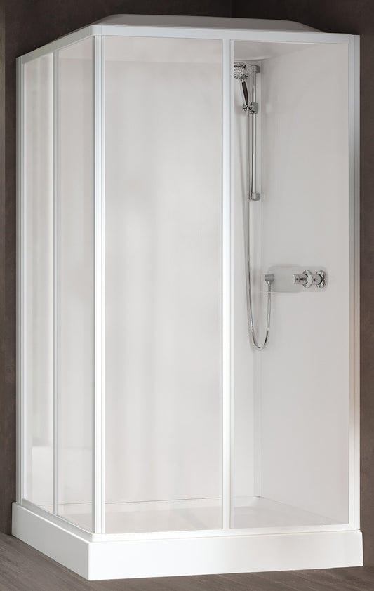 Novellini Media Glass A Standard Con Tettuccio e Soffione 100x80cm Cabina Doccia Multifunzione Asimmetrica Apertura 2 Ante Scorrevoli 2 Fisse Installazione Angolo Sinistra Destra Miscelatore Meccanico Vetro Trasparente Profilo Bianco Ripiani Altezza 226cm