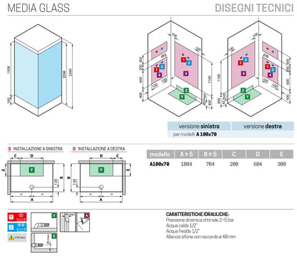Novellini Media Glass A Standard Con Tettuccio e Soffione 100x70cm Cabina Doccia Multifunzione Asimmetrica Apertura 2 Ante Scorrevoli 2 Fisse Installazione Angolo Sinistra Destra Miscelatore Meccanico Vetro Trasparente Profilo Bianco Ripiani Altezza 226cm