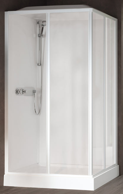 Novellini Media Glass A Standard Con Tettuccio e Soffione 100x70cm Cabina Doccia Multifunzione Asimmetrica Apertura 2 Ante Scorrevoli 2 Fisse Installazione Angolo Sinistra Destra Miscelatore Meccanico Vetro Trasparente Profilo Bianco Ripiani Altezza 226cm