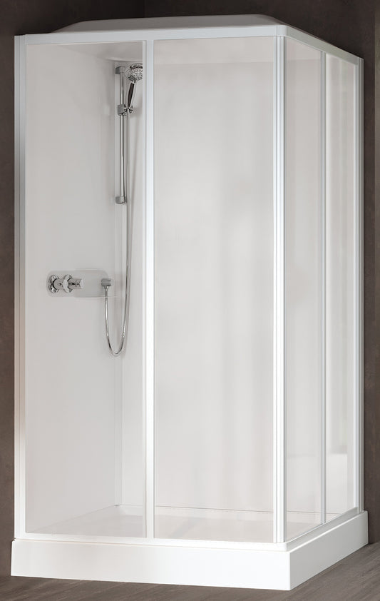 Novellini Media Glass A Standard Con Tettuccio e Soffione 100x70cm Cabina Doccia Multifunzione Asimmetrica Apertura 2 Ante Scorrevoli 2 Fisse Installazione Angolo Sinistra Destra Miscelatore Meccanico Vetro Trasparente Profilo Bianco Ripiani Altezza 226cm