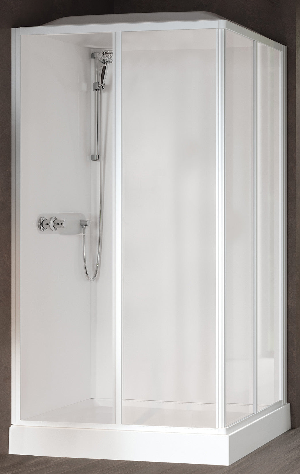 Novellini Media Glass A Standard Con Tettuccio e Soffione 100x80cm Cabina Doccia Multifunzione Asimmetrica Apertura 2 Ante Scorrevoli 2 Fisse Installazione Angolo Sinistra Destra Miscelatore Termostatico Vetro Trasparente Profilo Bianco Ripiani Alto 226cm