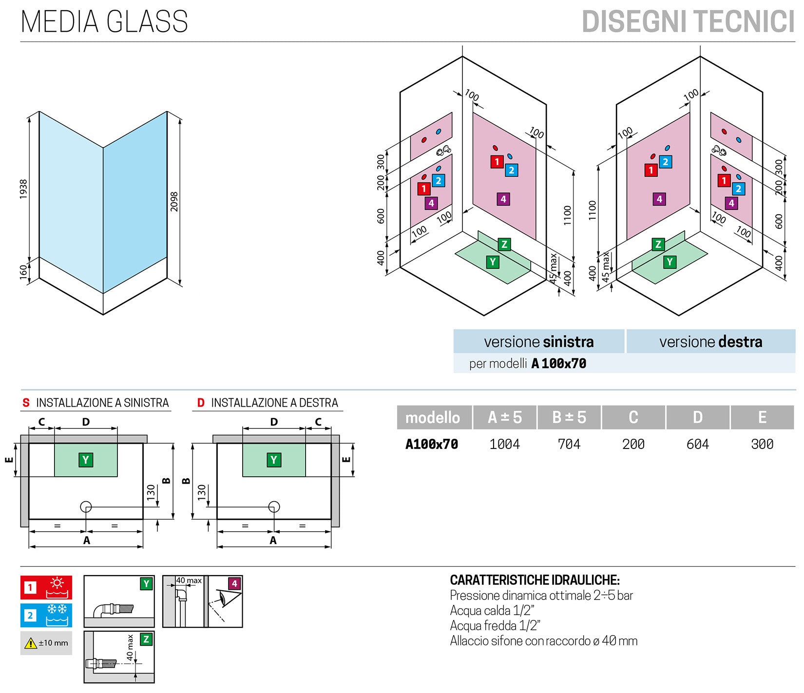 Novellini Media Glass A Standard 100x70 cm Cabina Doccia Multifunzione Asimmetrica Rettangolare Apertura 2 Ante Scorrevoli 2 Fisse Installazione Angolo Sinistra Destra Miscelatore Meccanico Vetro Trasparente Profilo Bianco Piatto Ripiani Altezza 210 cm