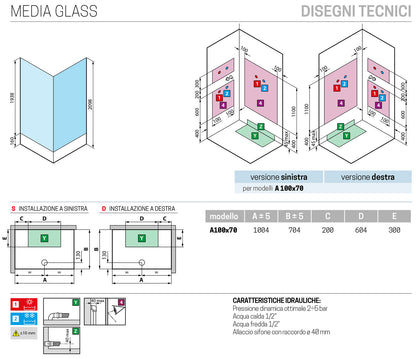 Novellini Media Glass A Standard 100x70 cm Cabina Doccia Multifunzione Asimmetrica Rettangolare Apertura 2 Ante Scorrevoli 2 Fisse Installazione Angolo Sinistra Destra Miscelatore Termostatico Vetro Trasparente Profilo Bianco Piatto Ripiani Altezza 210 cm