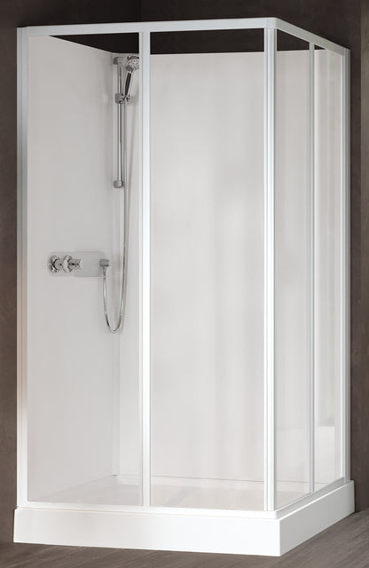 Novellini Media Glass A Standard 100x80 cm Cabina Doccia Multifunzione Asimmetrica Rettangolare Apertura 2 Ante Scorrevoli 2 Fisse Installazione Angolo Sinistra Destra Miscelatore Termostatico Vetro Trasparente Profilo Bianco Piatto Ripiani Altezza 210 cm