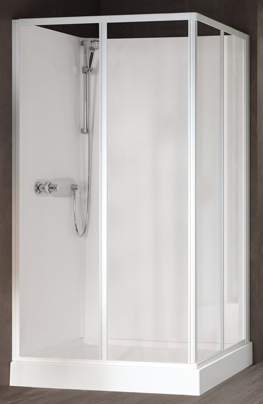 Novellini Media Glass A Standard 100x80 cm Cabina Doccia Multifunzione Asimmetrica Rettangolare Apertura 2 Ante Scorrevoli 2 Fisse Installazione Angolo Sinistra Destra Miscelatore Termostatico Vetro Trasparente Profilo Bianco Piatto Ripiani Altezza 210 cm