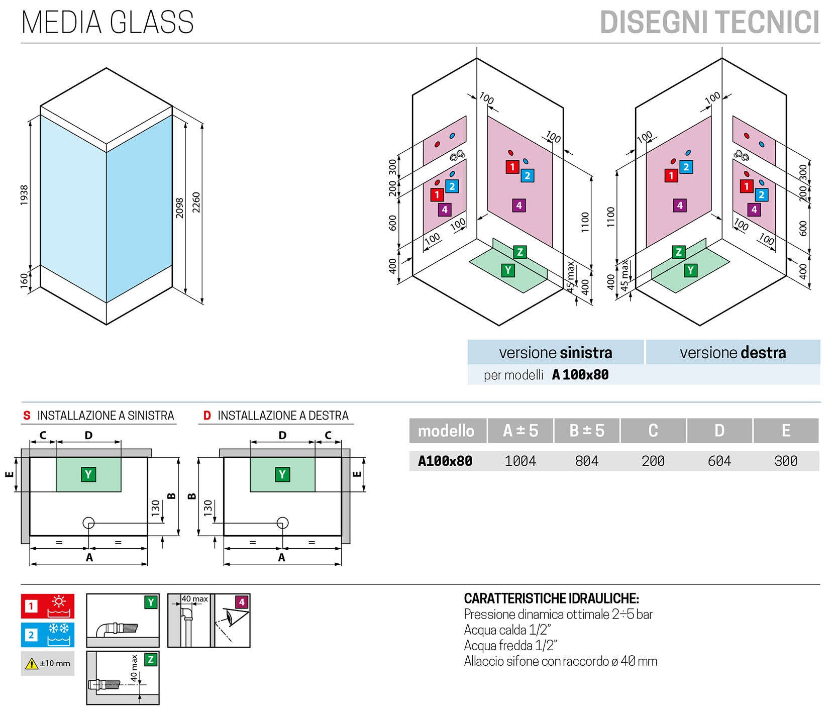 Novellini Media Glass A Standard Con Tettuccio e Soffione 100x80cm Cabina Doccia Multifunzione Asimmetrica Apertura 2 Ante Scorrevoli 2 Fisse Installazione Angolo Sinistra Destra Miscelatore Termostatico Vetro Trasparente Profilo Bianco Ripiani Alto 226cm