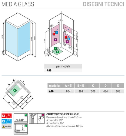 Novellini Media Glass A Standard Con Tettuccio e Soffione 80x80 cm Cabina Doccia Multifunzione Simmetrica Quadrata Apertura 2 Ante Scorrevoli 2 Fisse Installazione Angolo Sinistra Destra Miscelatore Termostatico Vetro Trasparente Profilo Bianco Alto 226cm