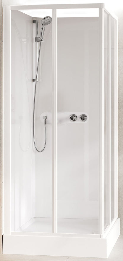 Novellini Media Glass A Standard 80x80 cm Cabina Doccia Multifunzione Simmetrica Quadrata Apertura 2 Ante Scorrevoli 2 Fisse Installazione Angolo Sinistra Destra Miscelatore Termostatico Vetro Trasparente Profilo Bianco Piatto Ripiani Doccetta Alto 210 cm