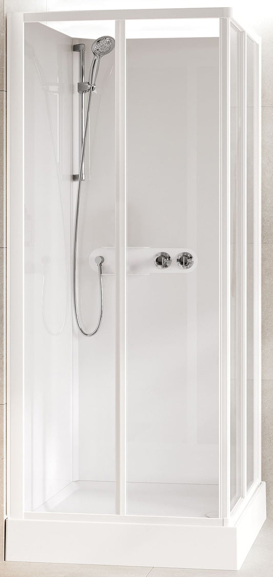 Novellini Media Glass A Standard 80x80 cm Cabina Doccia Multifunzione Simmetrica Quadrata Apertura 2 Ante Scorrevoli 2 Fisse Installazione Angolo Sinistra Destra Miscelatore Termostatico Vetro Trasparente Profilo Bianco Piatto Ripiani Doccetta Alto 210 cm