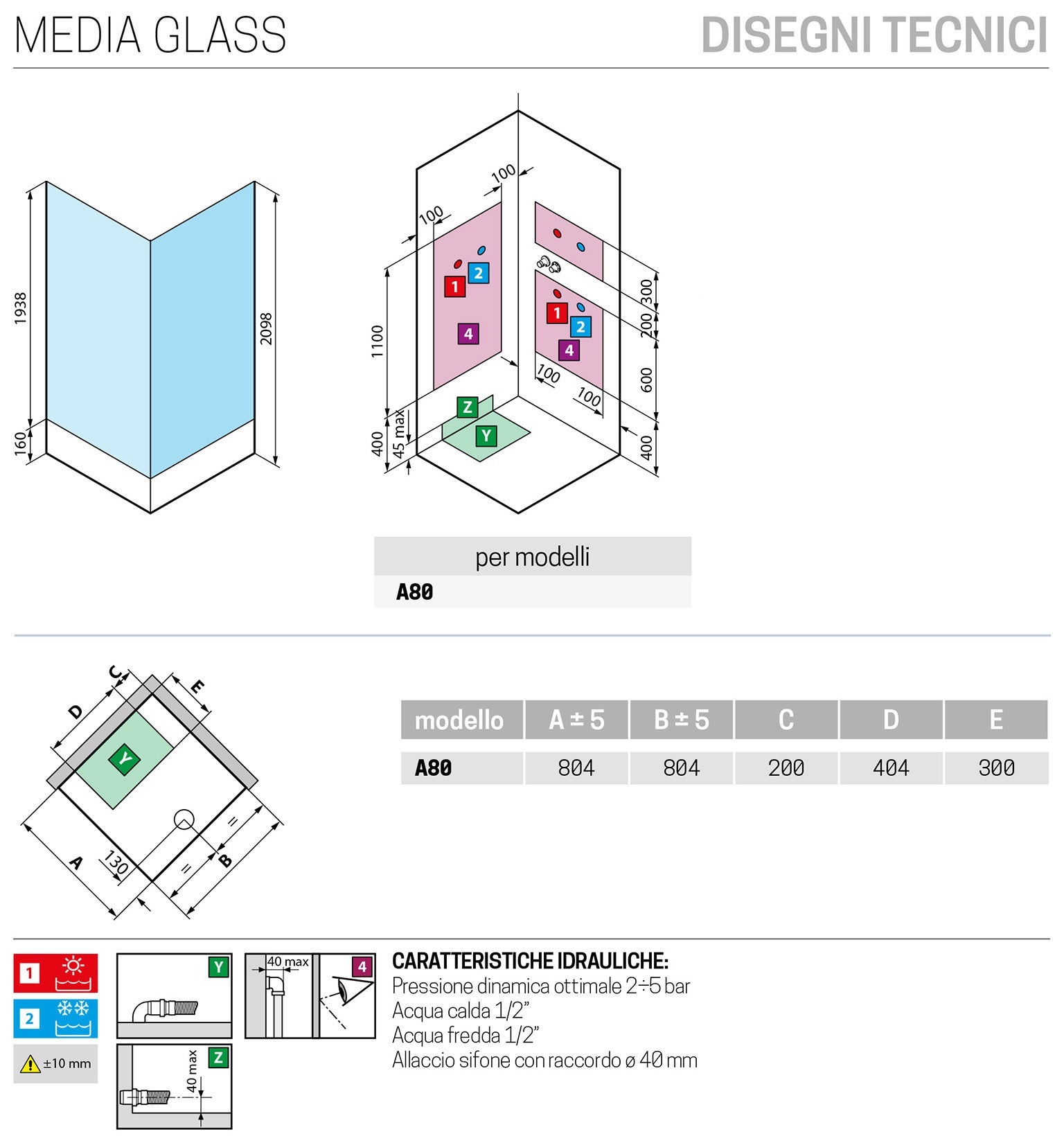 Novellini Media Glass A Standard 80x80 cm Cabina Doccia Multifunzione Simmetrica Quadrata Apertura 2 Ante Scorrevoli 2 Fisse Installazione Angolo Sinistra Destra Miscelatore Termostatico Vetro Trasparente Profilo Bianco Piatto Ripiani Doccetta Alto 210 cm