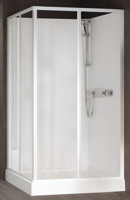 Novellini Media Glass A Standard 90x70 cm Cabina Doccia Multifunzione Asimmetrica Rettangolare Apertura 2 Ante Scorrevoli 2 Fisse Installazione Angolo Sinistra Destra Miscelatore Meccanico Vetro Trasparente Profilo Bianco Piatto Ripiani Altezza 210 cm