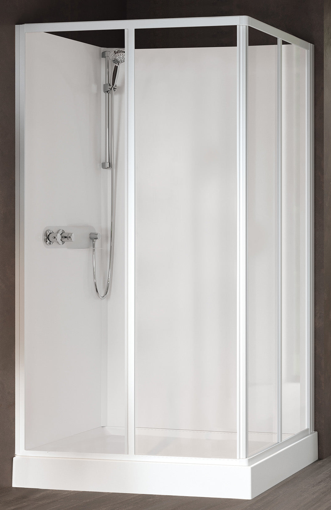 Novellini Media Glass A Standard 90x70 cm Cabina Doccia Multifunzione Asimmetrica Rettangolare Apertura 2 Ante Scorrevoli 2 Fisse Installazione Angolo Sinistra Destra Miscelatore Meccanico Vetro Trasparente Profilo Bianco Piatto Ripiani Altezza 210 cm