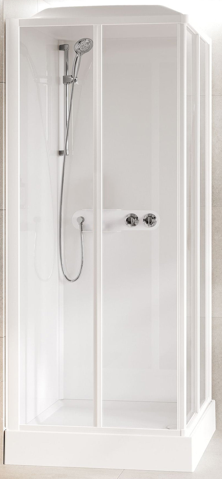 Novellini Media Glass A Standard Con Tettuccio e Soffione 90x90 cm Cabina Doccia Multifunzione Simmetrica Quadrata Apertura 2 Ante Scorrevoli 2 Fisse Installazione Angolo Sinistra Destra Miscelatore Termostatico Vetro Trasparente Profilo Bianco Alto 226cm