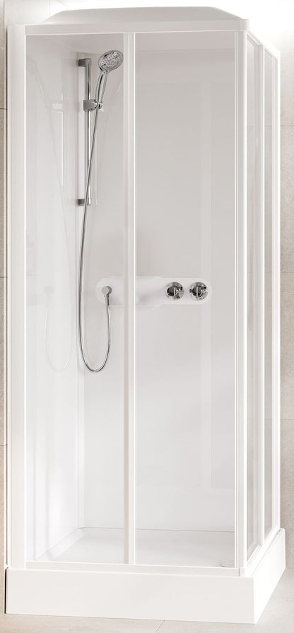 Novellini Media Glass A Standard Con Tettuccio e Soffione 90x90 cm Cabina Doccia Multifunzione Simmetrica Quadrata Apertura 2 Ante Scorrevoli 2 Fisse Installazione Angolo Sinistra Destra Miscelatore Termostatico Vetro Trasparente Profilo Bianco Alto 226cm