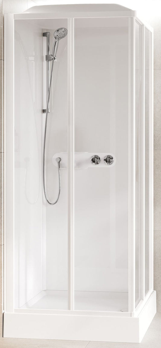 Novellini Media Glass A Standard Con Tettuccio e Soffione 90x90 cm Cabina Doccia Multifunzione Simmetrica Quadrata Apertura 2 Ante Scorrevoli 2 Fisse Installazione Angolo Sinistra Destra Miscelatore Meccanico Vetro Trasparente Profilo Bianco Altezza 226cm