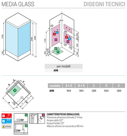 Novellini Media Glass A Standard Con Tettuccio e Soffione 90x90 cm Cabina Doccia Multifunzione Simmetrica Quadrata Apertura 2 Ante Scorrevoli 2 Fisse Installazione Angolo Sinistra Destra Miscelatore Termostatico Vetro Trasparente Profilo Bianco Alto 226cm