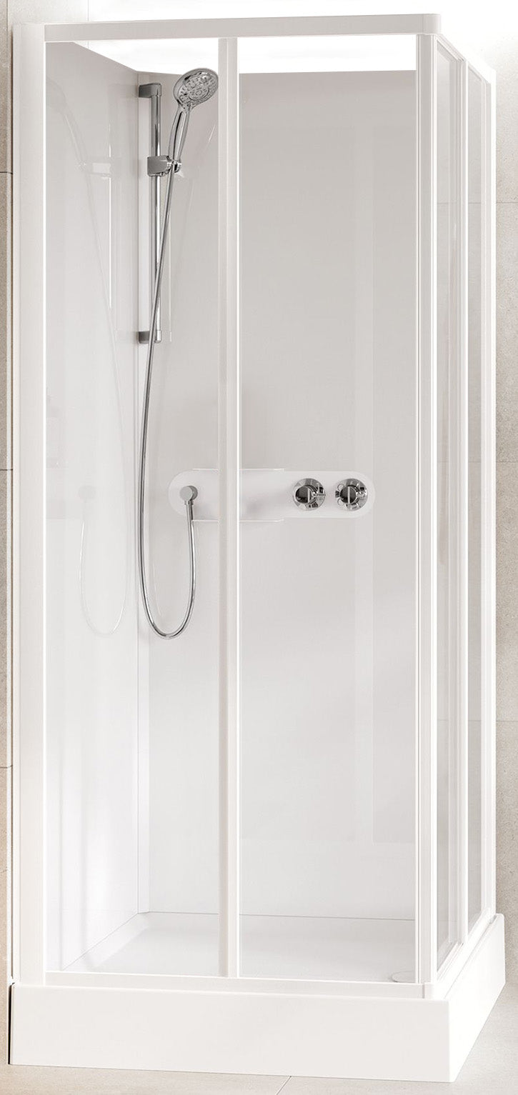 Novellini Media Glass A Standard 90x90 cm Cabina Doccia Multifunzione Simmetrica Quadrata Apertura 2 Ante Scorrevoli 2 Fisse Installazione Angolo Sinistra Destra Miscelatore Meccanico Vetro Trasparente Profilo Bianco Piatto Ripiani Doccetta Altezza 210 cm