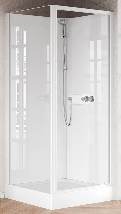 Novellini Media Glass GF Standard 80x80 cm Cabina Doccia Multifunzione Quadrata Apertura 1 Anta Battente Con Fisso Laterale Installazione Angolo Destra Sinistra Miscelatore Meccanico Vetro Trasparente Profilo Bianco Piatto Ripiani Doccetta Altezza 210 cm