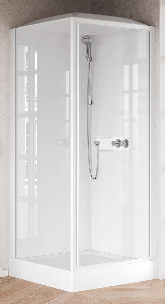 Novellini Media Glass GF Standard Con Tettuccio e Soffione 90x90 cm Cabina Doccia Bagno Multifunzione Apertura 1 Anta Battente Con Fisso Laterale Installazione Angolo Destra Sinistra Miscelatore Termostatico Vetro Trasparente Profilo Bianco Altezza 226 cm
