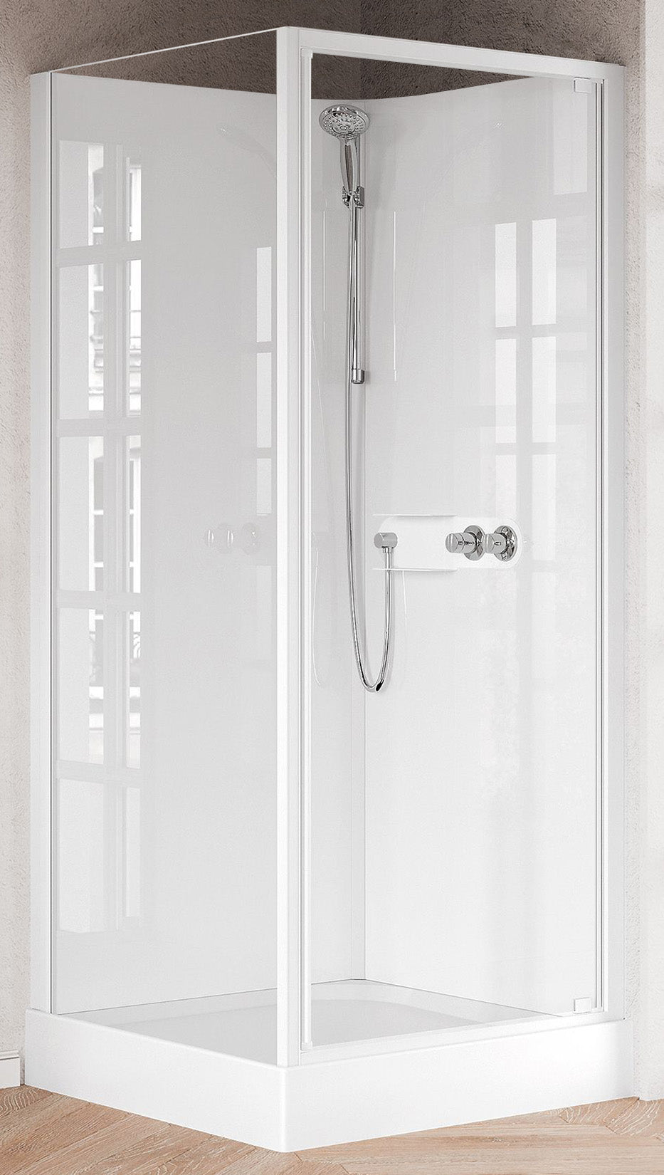 Novellini Media Glass GF Standard 90x90 cm Cabina Doccia Multifunzione Quadrata Apertura 1 Anta Battente Con Fisso Laterale Installazione Angolo Destra Sinistra Miscelatore Termostatico Vetro Trasparente Profilo Bianco Piatto Ripiani Doccetta Alto 210 cm