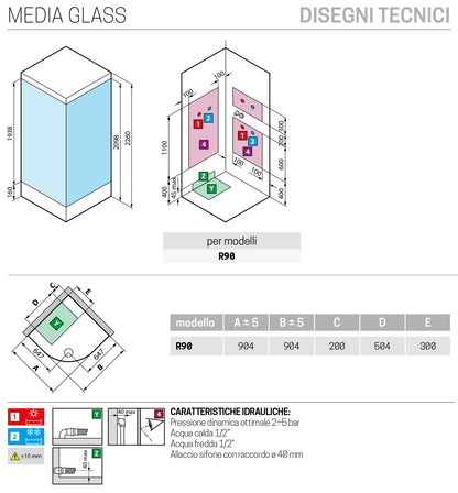 Novellini Media Glass R Standard Con Tettuccio e Soffione 90x90 cm Cabina Doccia Multifunzione Simmetrica Curva Apertura 2 Ante Scorrevoli 2 Fisse Installazione Angolo Sinistra Destra Miscelatore Termostatico Vetro Trasparente Profilo Bianco Alto 226 cm