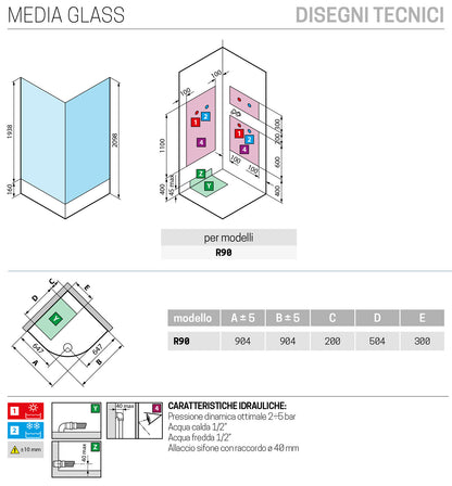 Novellini Media Glass R Standard 90x90 cm Cabina Doccia Multifunzione Simmetrica Semicircolare Apertura 2 Ante Scorrevoli 2 Fisse Installazione Angolo Sinistra Destra Miscelatore Termostatico Vetro Trasparente Profilo Bianco Piatto Ripiani Altezza 210 cm