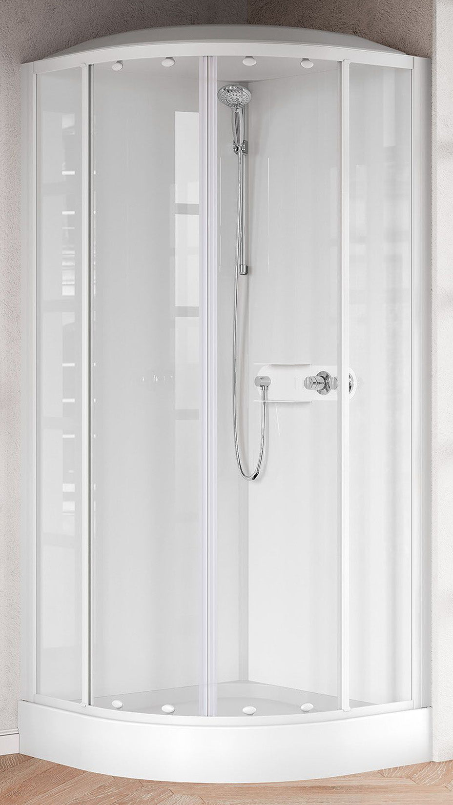 Novellini Media Glass R Standard Con Tettuccio e Soffione 90x90 cm Cabina Doccia Multifunzione Simmetrica Curva Apertura 2 Ante Scorrevoli 2 Fisse Installazione Angolo Sinistra Destra Miscelatore Termostatico Vetro Trasparente Profilo Bianco Alto 226 cm