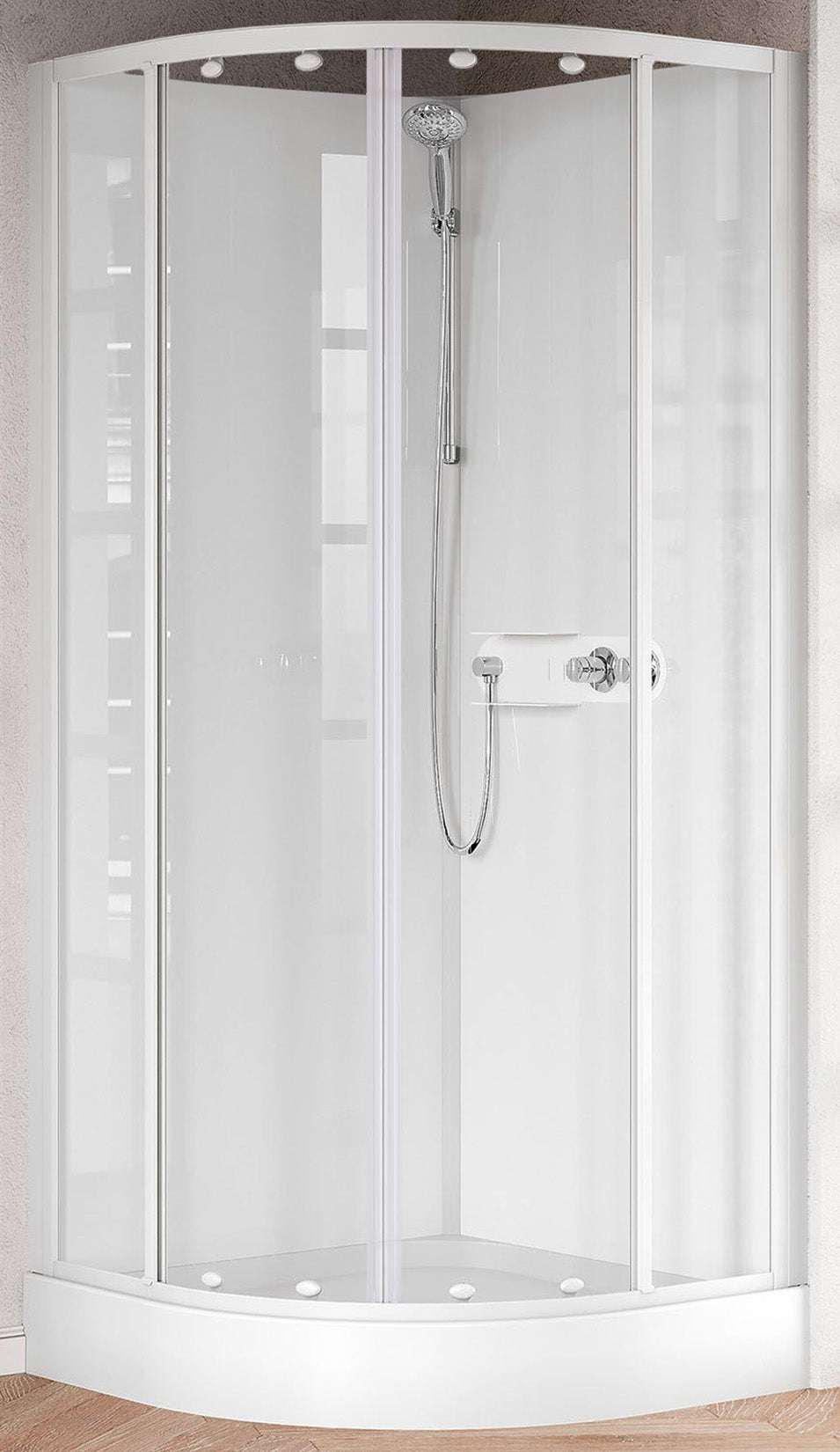 Novellini Media Glass R Standard 90x90 cm Cabina Doccia Multifunzione Simmetrica Semicircolare Apertura 2 Ante Scorrevoli 2 Fisse Installazione Angolo Sinistra Destra Miscelatore Meccanico Vetro Trasparente Profilo Bianco Piatto Ripiani Altezza 210 cm